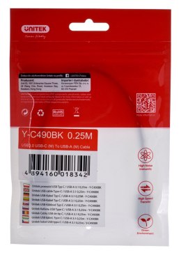 UNITEK UNITEK KABEL USB-C - USB-A 3.1,M/M,0,25M, Y-C490BK