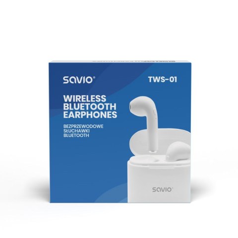 SAVIO Słuchawki bezprzewodowe SAVIO TWS-01 (douszne; bezprzewodowe, Bluetooth; z wbudowanym mikrofonem; kolor biały SAVIO Słuchawki bezprzewodowe SAVIO TWS-01 (douszne; bezprzewodowe, Bluetooth; z wbudowanym mikrofonem; kolor biały