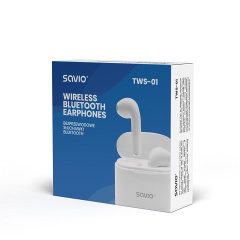 SAVIO Słuchawki bezprzewodowe SAVIO TWS-01 (douszne; bezprzewodowe, Bluetooth; z wbudowanym mikrofonem; kolor biały SAVIO Słuchawki bezprzewodowe SAVIO TWS-01 (douszne; bezprzewodowe, Bluetooth; z wbudowanym mikrofonem; kolor biały