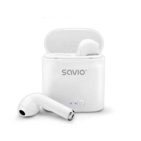 SAVIO Słuchawki bezprzewodowe SAVIO TWS-01 (douszne; bezprzewodowe, Bluetooth; z wbudowanym mikrofonem; kolor biały SAVIO Słuchawki bezprzewodowe SAVIO TWS-01 (douszne; bezprzewodowe, Bluetooth; z wbudowanym mikrofonem; kolor biały