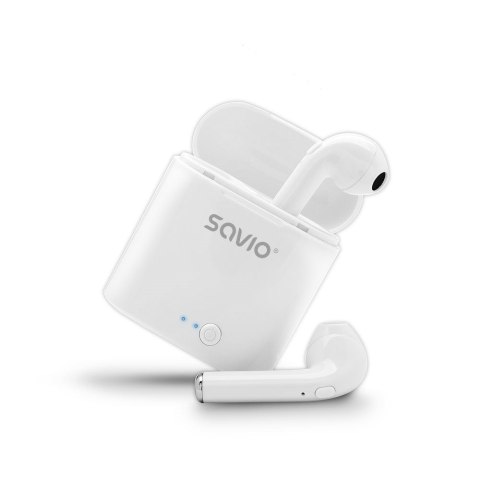 SAVIO Słuchawki bezprzewodowe SAVIO TWS-01 (douszne; bezprzewodowe, Bluetooth; z wbudowanym mikrofonem; kolor biały SAVIO Słuchawki bezprzewodowe SAVIO TWS-01 (douszne; bezprzewodowe, Bluetooth; z wbudowanym mikrofonem; kolor biały