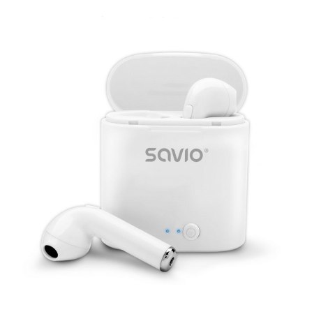 SAVIO Słuchawki bezprzewodowe SAVIO TWS-01 (douszne; bezprzewodowe, Bluetooth; z wbudowanym mikrofonem; kolor biały SAVIO Słuchawki bezprzewodowe SAVIO TWS-01 (douszne; bezprzewodowe, Bluetooth; z wbudowanym mikrofonem; kolor biały