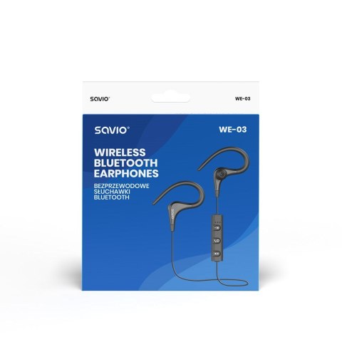 Słuchawki bezprzewodowe, z mikrofonem, ze słuchawkami SAVIO WE-03 (dokanałowe, sportowe; bezprzewodowe, Bluetooth; z wbudowanym Słuchawki bezprzewodowe, z mikrofonem, ze słuchawkami SAVIO WE-03 (dokanałowe, sportowe; bezprzewodowe, Bluetooth; z wbudowanym