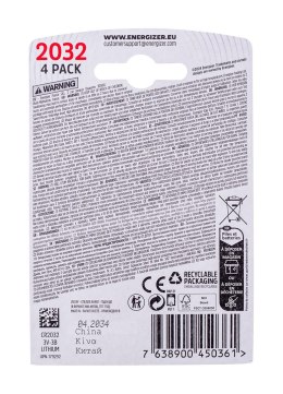 ENERGIZER ENERGIZER BATERIA SPECJALISTYCZNA CR2032, 4 sztuki, 3V, ECO