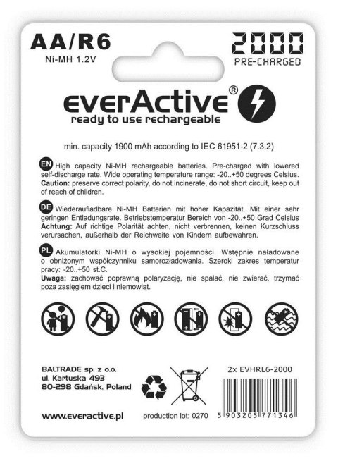 EVERACTIVE AKUMULATORKI AA 2000 MAH - 2 SZTUKI EVHRL6-2000 EVERACTIVE AKUMULATORKI AA 2000 MAH - 2 SZTUKI EVHRL6-2000