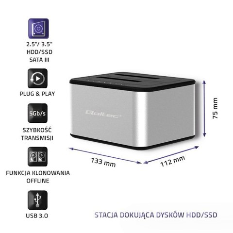QOLTEC STACJA DOKUJĄCA DYSKÓW 2XHDD/SSD 2.5"/3.5" SATA | USB 3.0 | KLONOWANIE QOLTEC STACJA DOKUJĄCA DYSKÓW 2XHDD/SSD 2.5"/3.5" SATA | USB 3.0 | KLONOWANIE