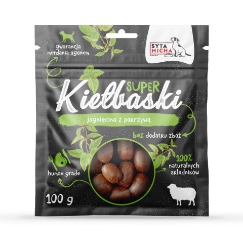 SYTA MICHA - Super Kiełbaski Jagnięcina z Pokrzywą- przysmak dla psa - 100g SYTA MICHA - Super Kiełbaski Jagnięcina z Pokrzywą- przysmak dla psa - 100g
