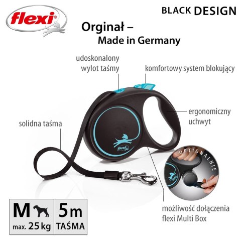 Smycz flexi automatyczna Black Design M taśma 5 m - dla psa do 25 kg, kolor niebieski Smycz flexi automatyczna Black Design M taśma 5 m - dla psa do 25 kg, kolor niebieski