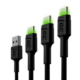 Green Cell GREEN CELL ZESTAW KABLI KABGCSET01 3X KABEL GC RAY USB - USB-C 30CM, 120CM, 200CM, ZIELONY LED